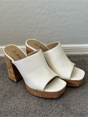 Nasty Gal White Open-Toe Cork Platform Mules